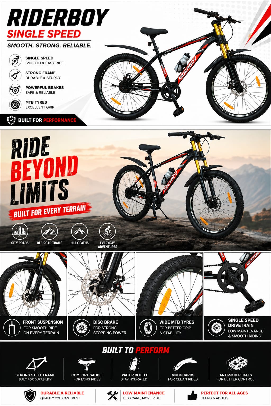 RIDERBOY 26T Mountain Bike | Dual Chrome Suspension | Single Speed MTB Cycle | Black & Orange