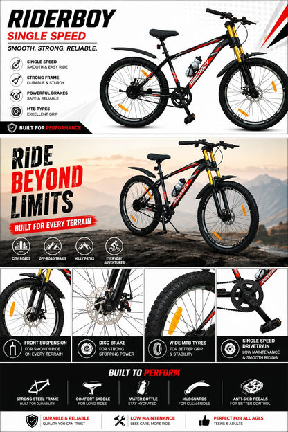 RIDERBOY 26T Mountain Bike | Dual Chrome Suspension | Single Speed MTB Cycle | Black & Orange