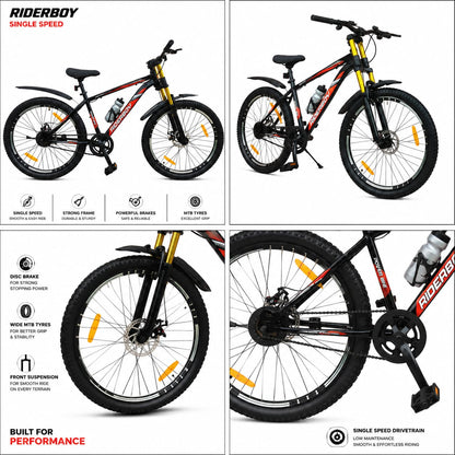 RIDERBOY 26T Mountain Bike | Dual Chrome Suspension | Single Speed MTB Cycle | Black & Orange