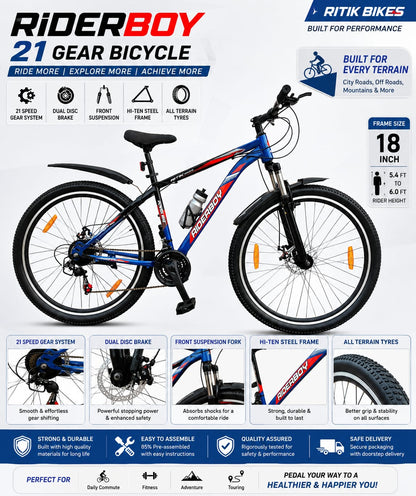 RiderBoy 21 Gear Mountain Bicycle | Front Suspension & Double Disc Brake MTB Cycle 29 INCHI