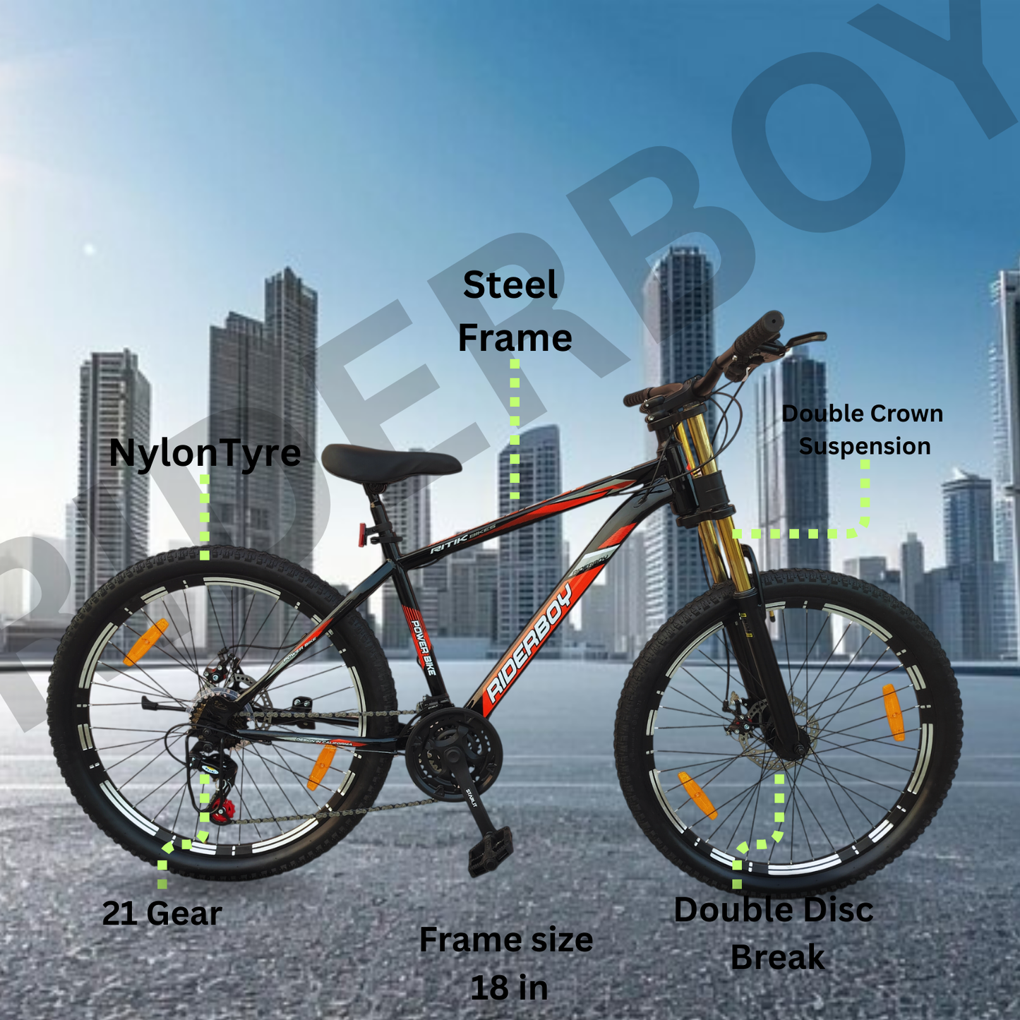 RIDERBOY 26T Steel Frame Mountain Bike with Double Crown Suspension | 21 Speed Gear | Premium MTB Cycle